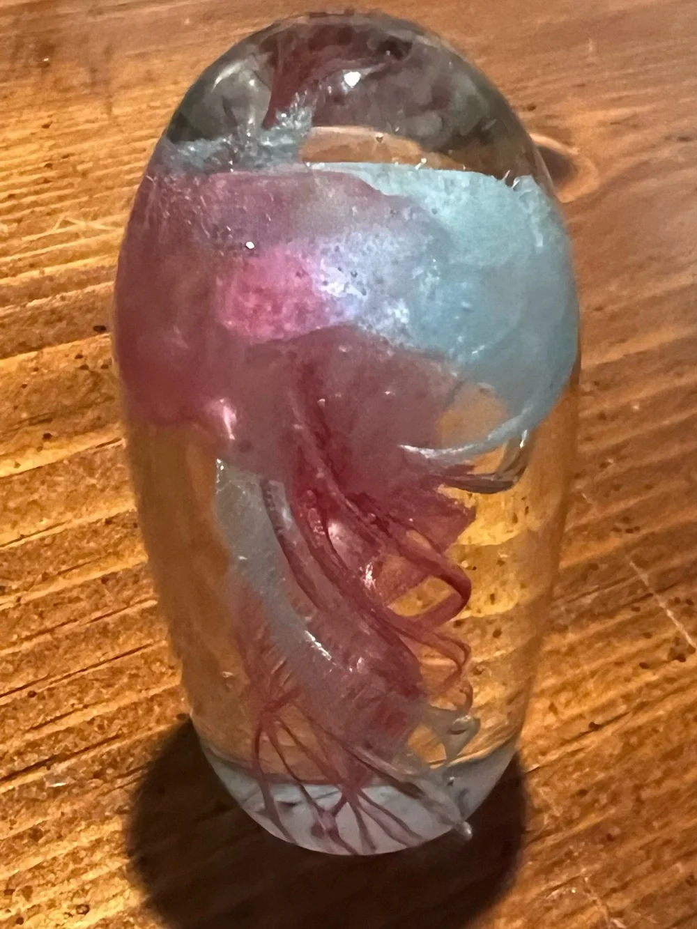 VTG Jellyfish Blue & Pink Blown Glass Egg-shaped Paperweight 3 Inches